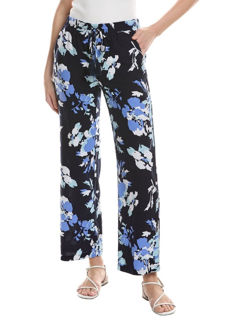 ELLEN TRACY Navy Bouquet Linen Blend Pants
